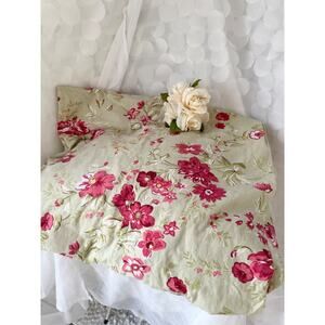 Pottery Barn LINEN blend TWIN Manchester Rose Green Duvet COVER French Country